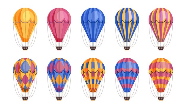 Los iconos de globos de viaje aéreo en diferentes variaciones de color establecen ilustración plana