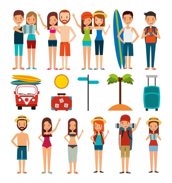Iconos de grupo de personas y vacaciones de verano