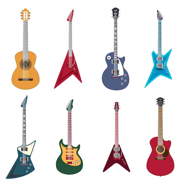 Iconos de guitarras. Ilustración de guitarras acústicas y guitarra eléctrica.
