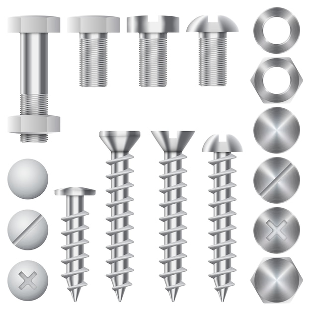 Iconos de hardware de construcción. Tornillos, pernos, tuercas y remaches. Equipo inoxidable, engranaje fijo metalli, ilustración vectorial
