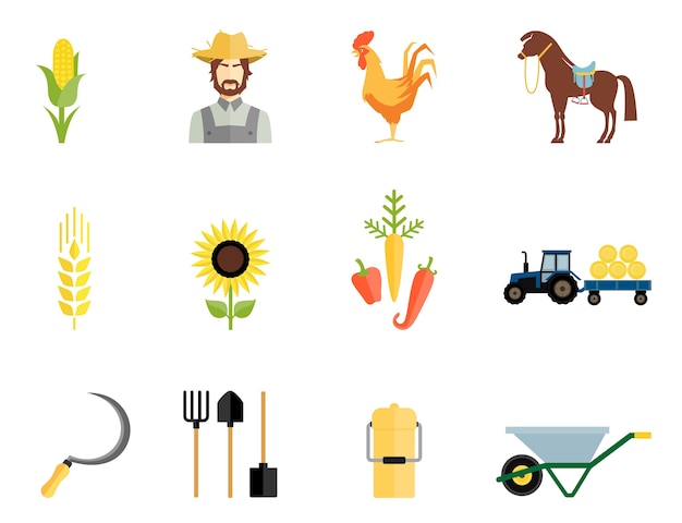 Iconos de herramientas de trabajo y granjero, gallo, caballo y verduras