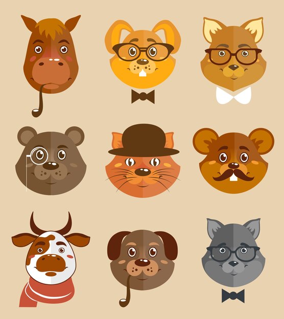 Iconos de hipsters de animales decorativos conjunto perro de caballo de gato y el oso en sombreros y corbatas ilustración vectorial.