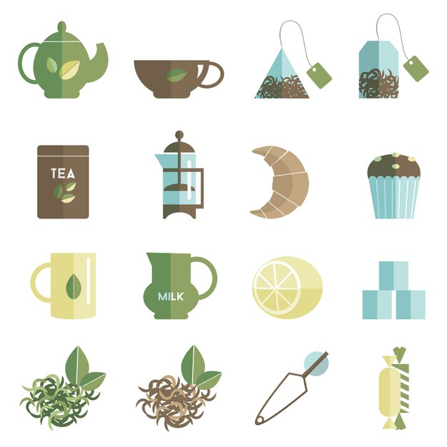 Iconos de la hora del té establecidos planos