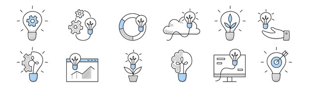 Iconos de idea doodle conjunto de bombillas de signos de negocio