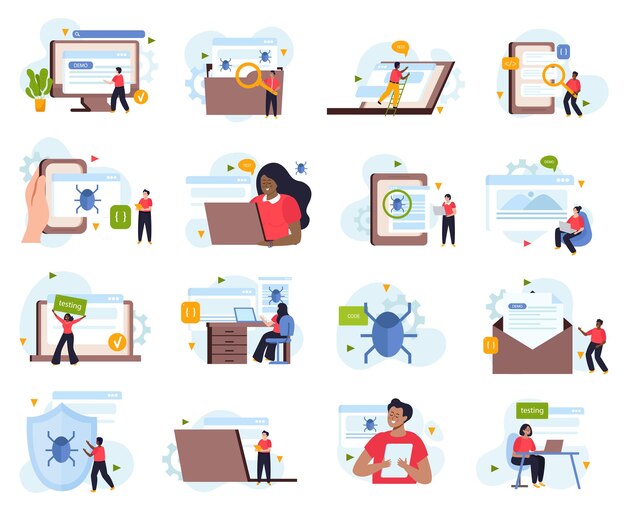 Iconos de ingeniero de control de calidad establecidos con símbolos de prueba de software ilustración de vector aislado plano