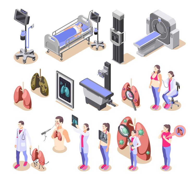Vector gratuito iconos de inspección pulmonar establecidos con símbolos de tratamiento ilustración vectorial aislada isométrica