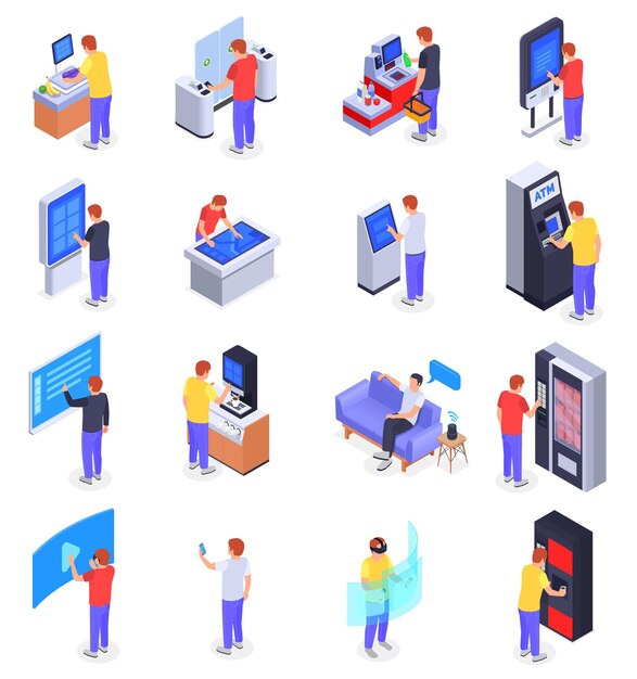 Iconos de interfaces isométricas establecidos con personas que utilizan la ilustración de vector aislado de altavoz inteligente de cajero automático de pantalla virtual de torniquete de autopago