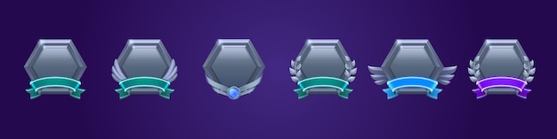 Iconos de interfaz de usuario metálicos de nivel de juego insignias hexagonales vacías con pancartas alas gema piedra o corona de laurel Marcos de premio de metal aislado o elementos gráficos de bonificación recompensa trofeo logro vector Set para rpg