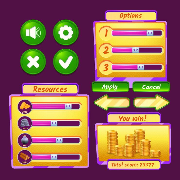 Vector gratuito iconos de la interfaz de videojuego configurados con barras de progreso y botones