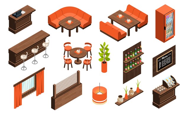 Iconos interiores de restaurantes isométricos con muebles y artículos de decoración ilustración vectorial aislada