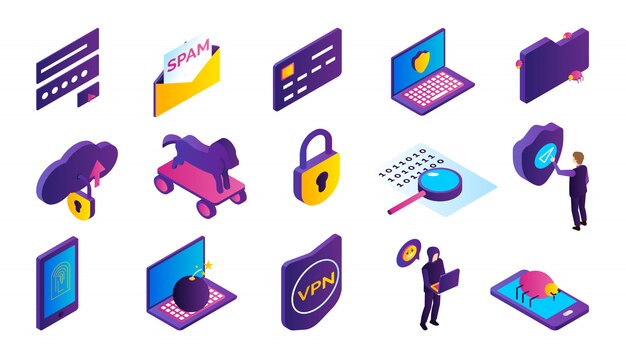 Iconos isométricos de actividad de piratería con hackers robando información aislada