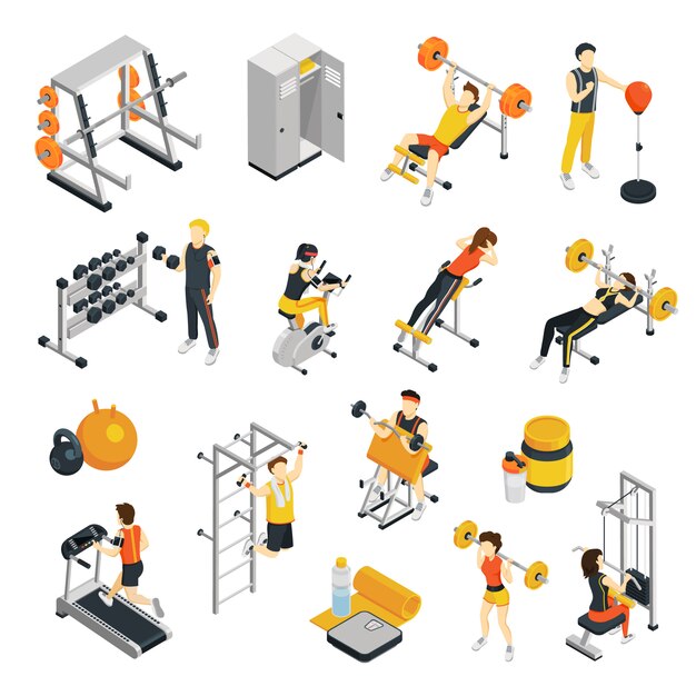 Los iconos isométricos de la aptitud fijaron con la gente que entrenaba en gimnasio usando el equipo de deporte