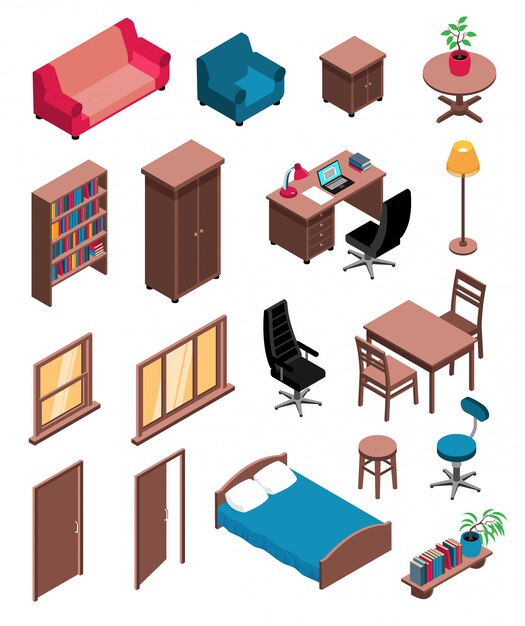 Íconos isométricos de artículos de interior privado con sofá, mesa, tocador, silla, escritorio, lámpara de pie