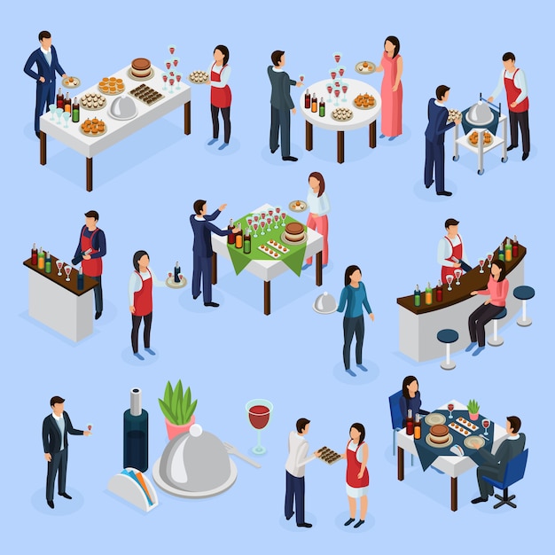 Iconos isométricos de banquetes de catering