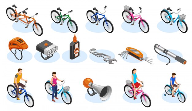 Iconos isométricos de bicicleta con accesorios de herramientas y diferentes tipos de bicicletas ilustración vectorial