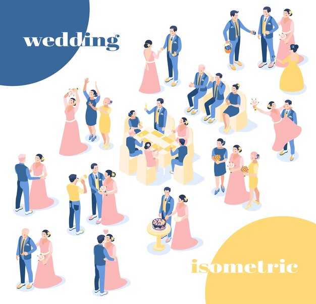Los iconos isométricos de la boda vuelven a colorear el conjunto de la novia y el novio con ropa festiva con invitados y amigos en la ceremonia de la boda ilustración vectorial aislada