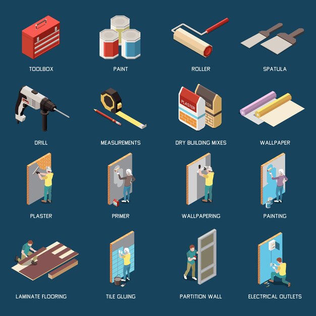 Iconos isométricos de bricolaje con herramientas para la renovación y personajes que realizan reparaciones ilustraciones vectoriales aisladas