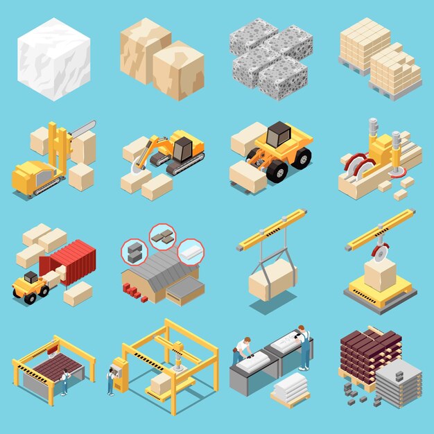 Iconos isométricos de cantera de piedra con ilustración vectorial aislada de minería de mármol y granito