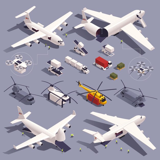 Iconos isométricos de carga aérea establecidos con símbolos logísticos de aeronaves ilustraciones vectoriales aisladas