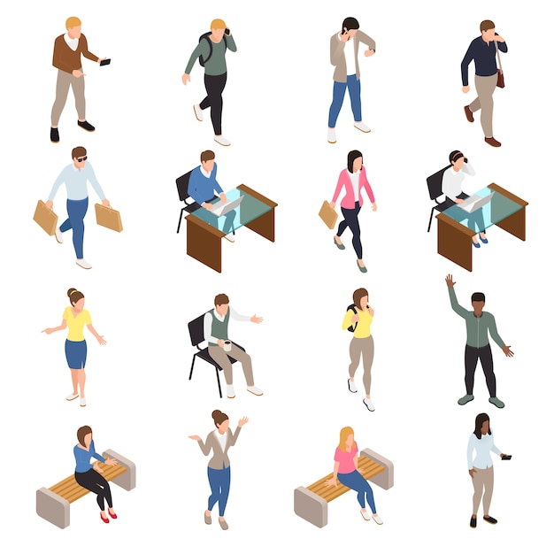 Iconos isométricos casuales de personas de la ciudad con ilustración aislada de símbolos de trabajo y tiempo libre