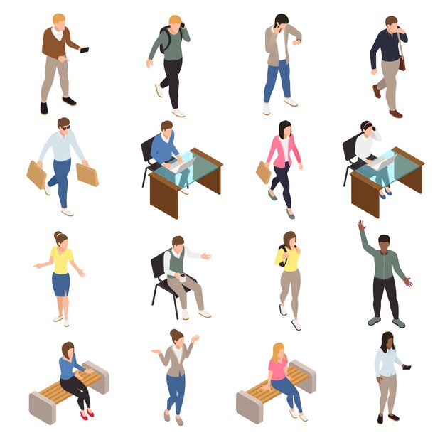 Iconos isométricos casuales de personas de la ciudad con ilustración aislada de símbolos de trabajo y tiempo libre