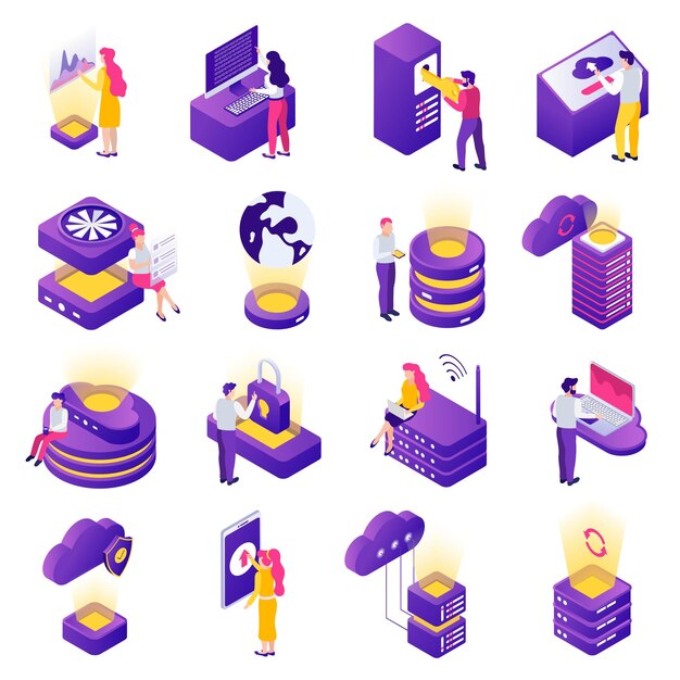 Iconos isométricos del centro de datos establecidos con acceso seguro a datos de almacenamiento en la nube en todo el mundo símbolos de seguridad en línea ilustración vectorial aislada