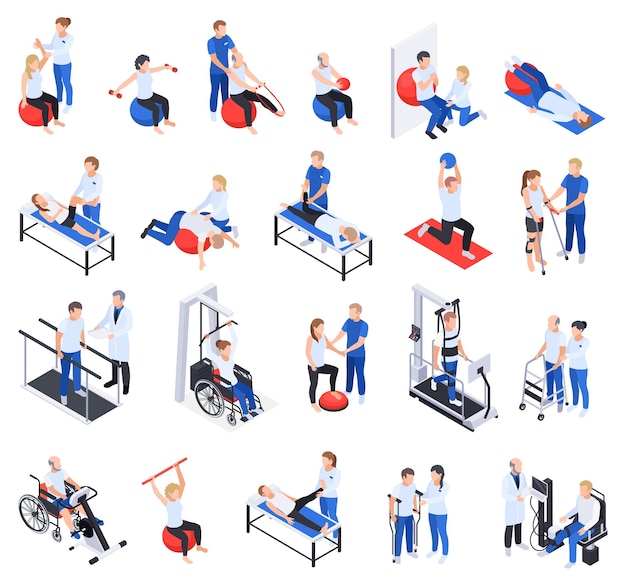 Iconos isométricos de la clínica de rehabilitación de fisioterapia con personas lesionadas y discapacitadas masaje tratamiento ejercicios equipo vector ilustración