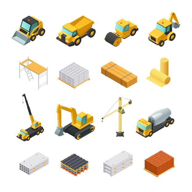 Los iconos isométricos coloridos de la construcción fijaron con los diversos materiales y el transporte aislados en el CC blanco
