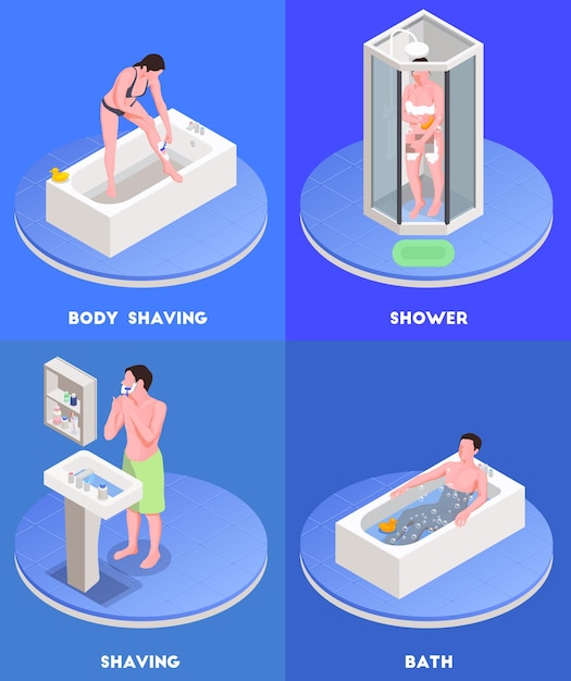 Iconos isométricos del concepto de higiene personal con símbolos de baño y afeitado aislados