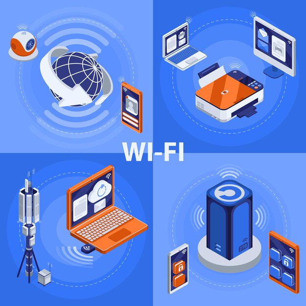 Iconos isométricos del concepto de tecnología inalámbrica establecidos con símbolos wifi ilustración vectorial aislada