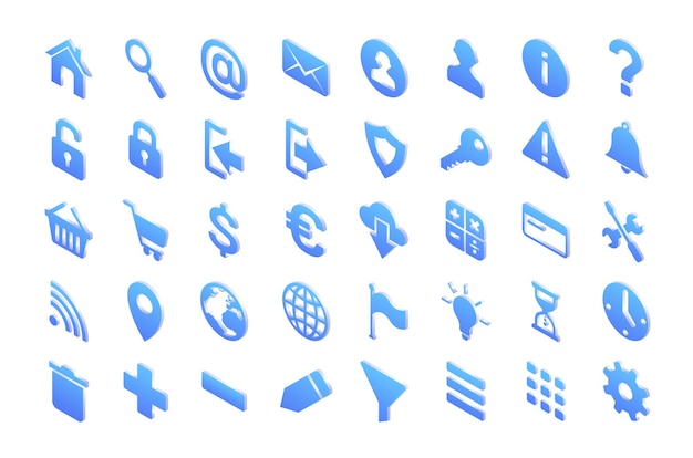 Iconos isométricos, conjunto de signos vectoriales 3d aislados