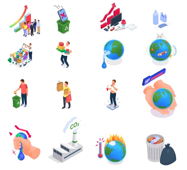 Iconos isométricos de consumismo establecidos con símbolos de consumo excesivo de alimentos ilustración vectorial aislada