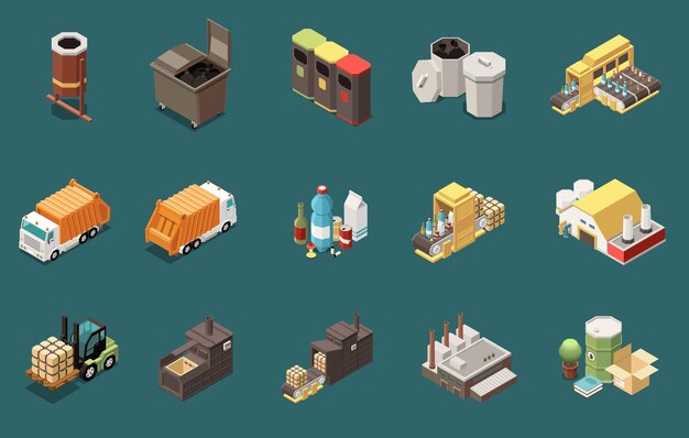 Iconos isométricos con contenedores de basura, contenedores, recolección de basura, transporte y plantas de reciclaje, ilustración vectorial aislada 3d