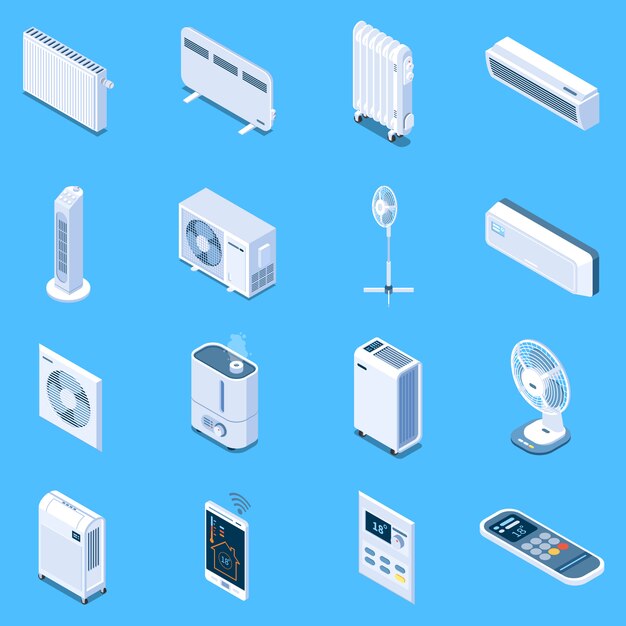 Iconos isométricos de control de clima doméstico con mesa de piso y ventiladores de torre aire acondicionado cortina de calor calentadores eléctricos y de aceite aislados