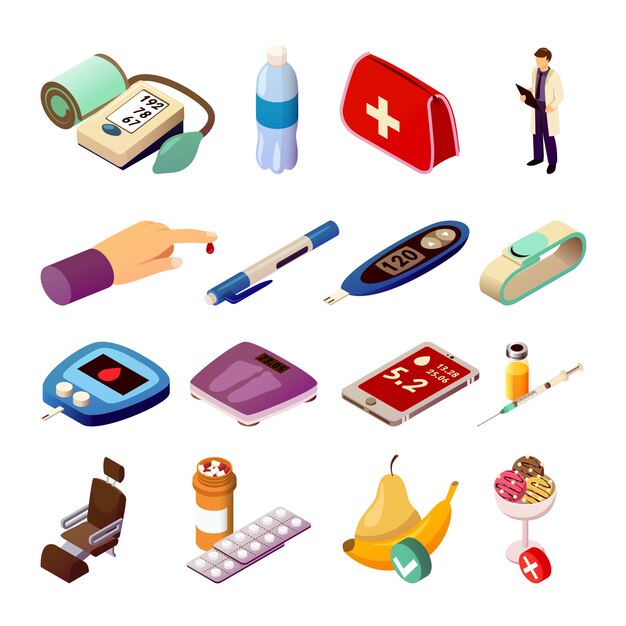 Iconos isométricos de control de diabetes