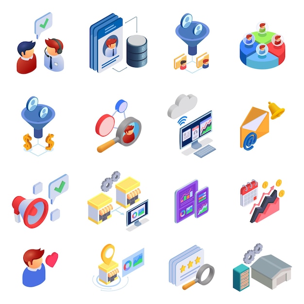 Iconos isométricos de CRM establecidos con la relación con el cliente y la gestión del cliente ilustración vectorial aislada