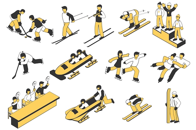 Iconos isométricos de deportes de invierno con atletas que participan en la competencia de hockey de patinaje artístico de esquí de bobsleigh ilustración vectorial 3d aislada