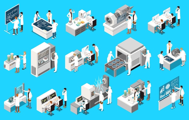 Vector gratuito iconos isométricos de desarrollo de investigación establecidos con ingenieros y científicos que trabajan en ilustraciones vectoriales aisladas de laboratorio tecnológico