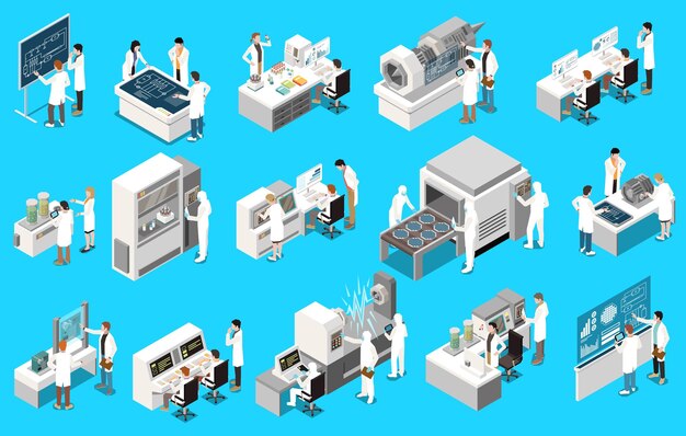 Iconos isométricos de desarrollo de investigación establecidos con ingenieros y científicos que trabajan en ilustraciones vectoriales aisladas de laboratorio tecnológico
