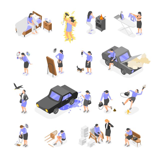 Iconos isométricos del día desafortunado con personas infelices debido a eventos desagradables en el hogar en la oficina y al aire libre ilustraciones vectoriales aisladas