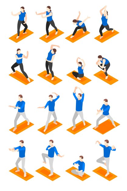 Iconos isométricos del día mundial de tai chi y qigong con personas en diferentes poses ilustraciones vectoriales aisladas