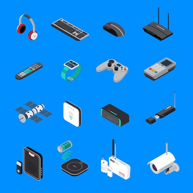 Iconos isométricos de dispositivos electrónicos inalámbricos