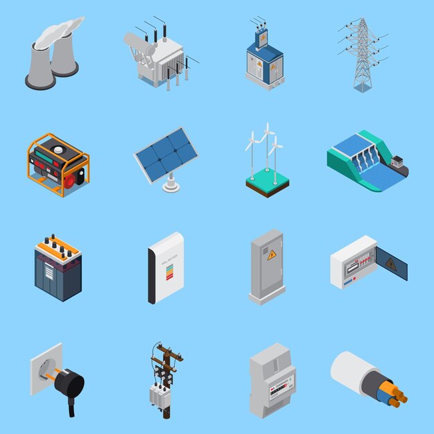 Iconos isométricos de electricidad con paneles solares de cable generadores de energía hidroeléctrica eólica transformador zócalo aislado
