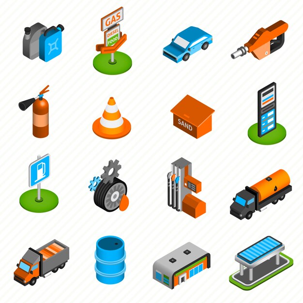 Iconos isométricos de elementos de gasolinera
