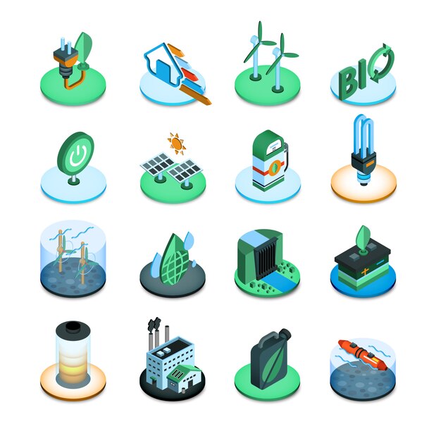 Iconos isométricos de energía verde