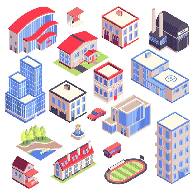 Iconos isométricos entorno de arquitectura de transporte urbano con imágenes aisladas de edificios modernos de la ciudad con diferentes funciones ilustración vectorial