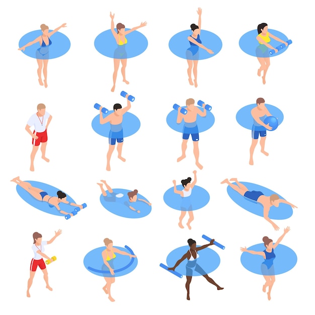 Iconos isométricos de entrenamiento de fitness acuático aeróbico acuático con personas entrenando en la piscina ilustración vectorial aislada