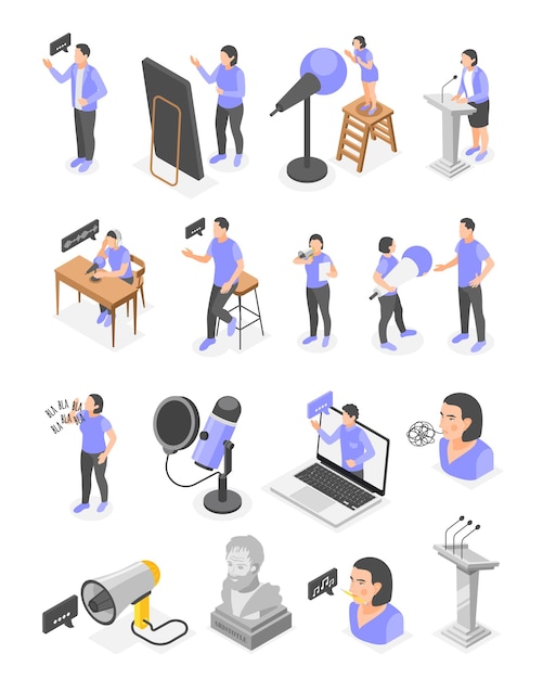 Iconos isométricos de entrenamiento de oratoria retórica establecidos con personas practicando con micrófonos frente al espejo ilustración vectorial aislada