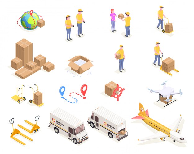 Iconos isométricos de envío de logística de entrega establecidos con imágenes aisladas de cajas de cartón y personas en ilustración uniforme