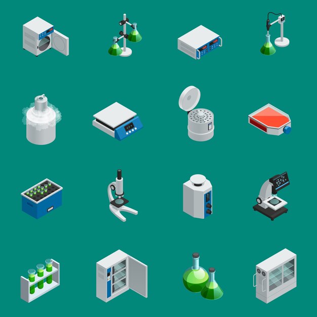 Iconos isométricos de equipo de laboratorio científico con herramientas para la investigación natural y dispositivos altamente tecnológicos aislados ilustración vectorial